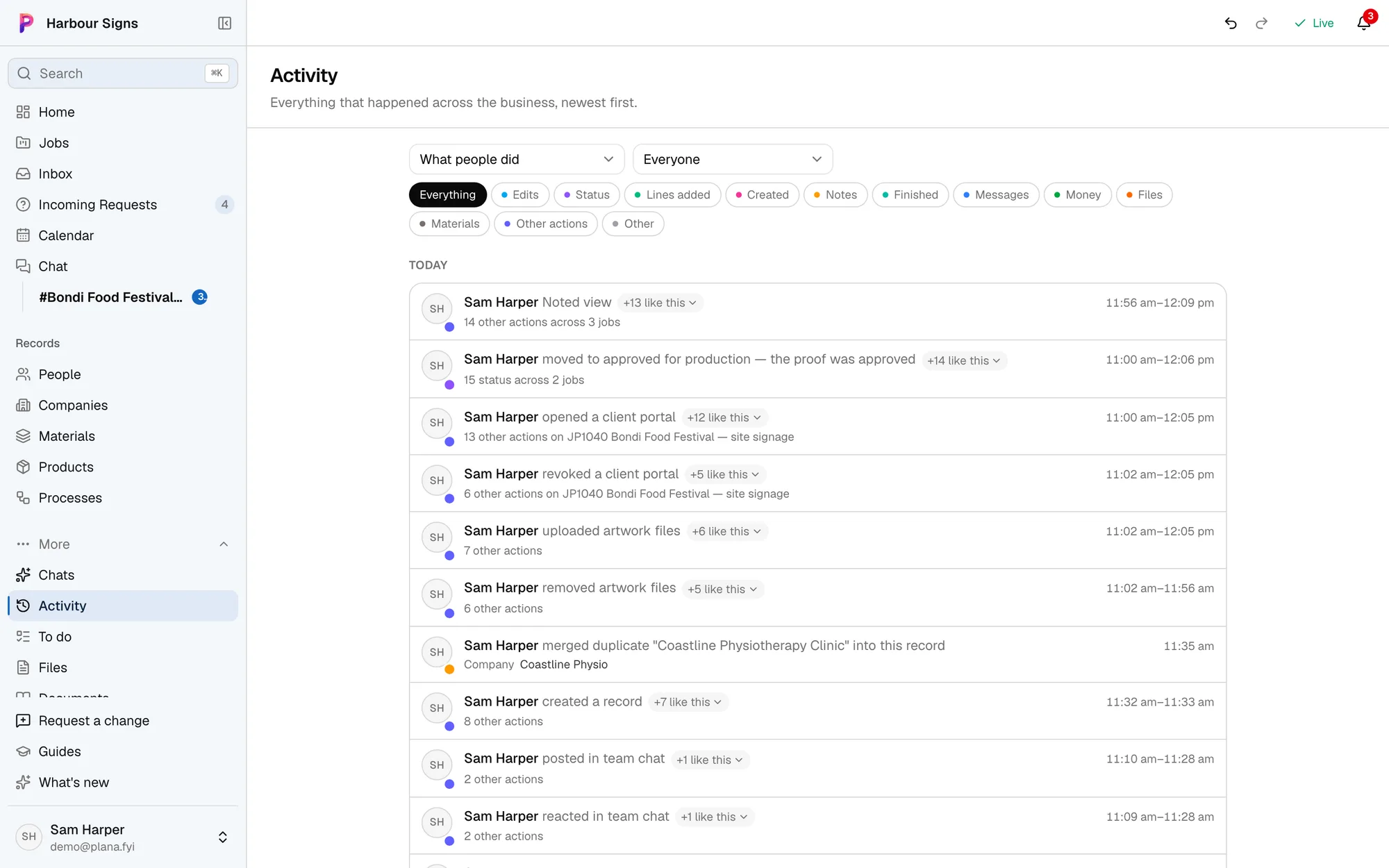 Activity in Plana: everything the team did today, on which job