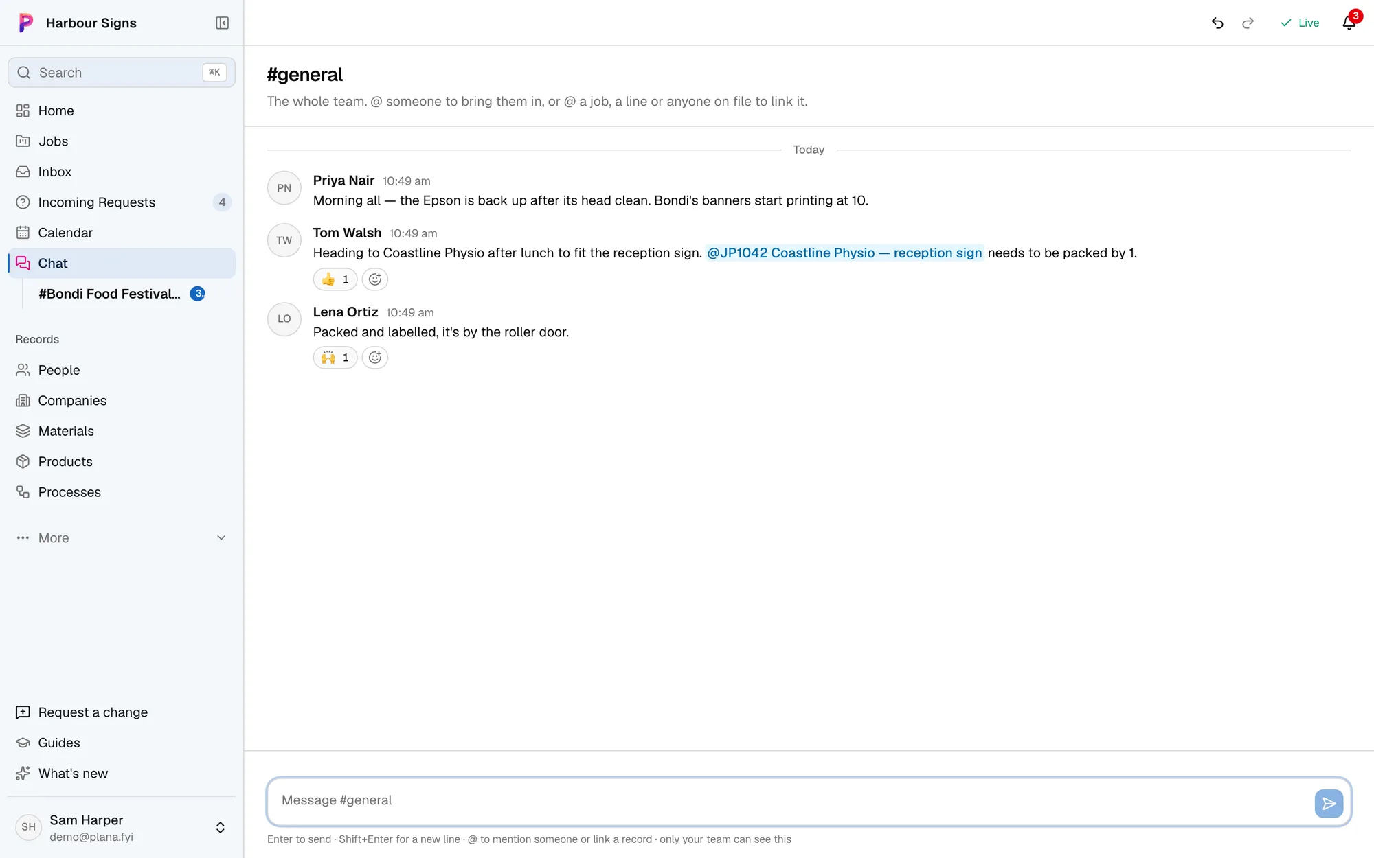 Team chat in Plana, with jobs mentioned by name