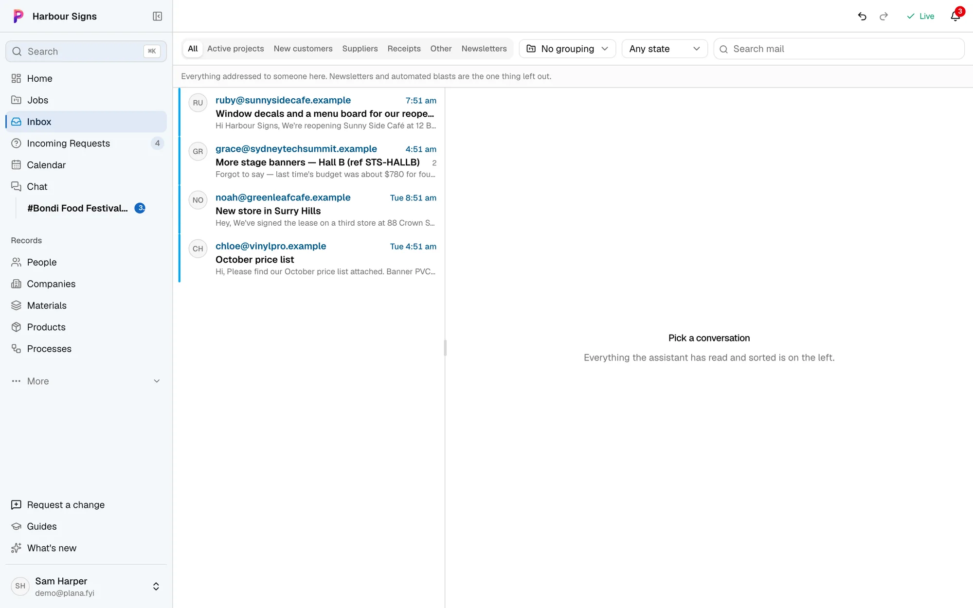 Plana's inbox: customer emails, each filed against the job it's about