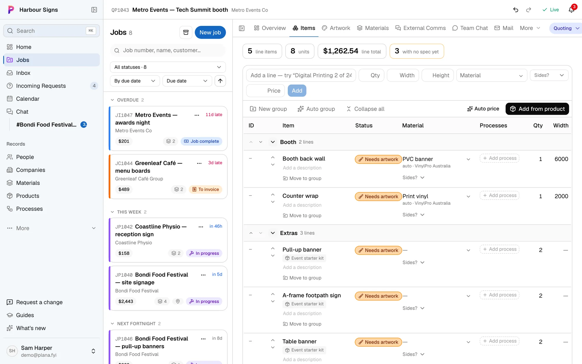 A job's items in Plana, grouped, with status, material, processes and sizes on each line