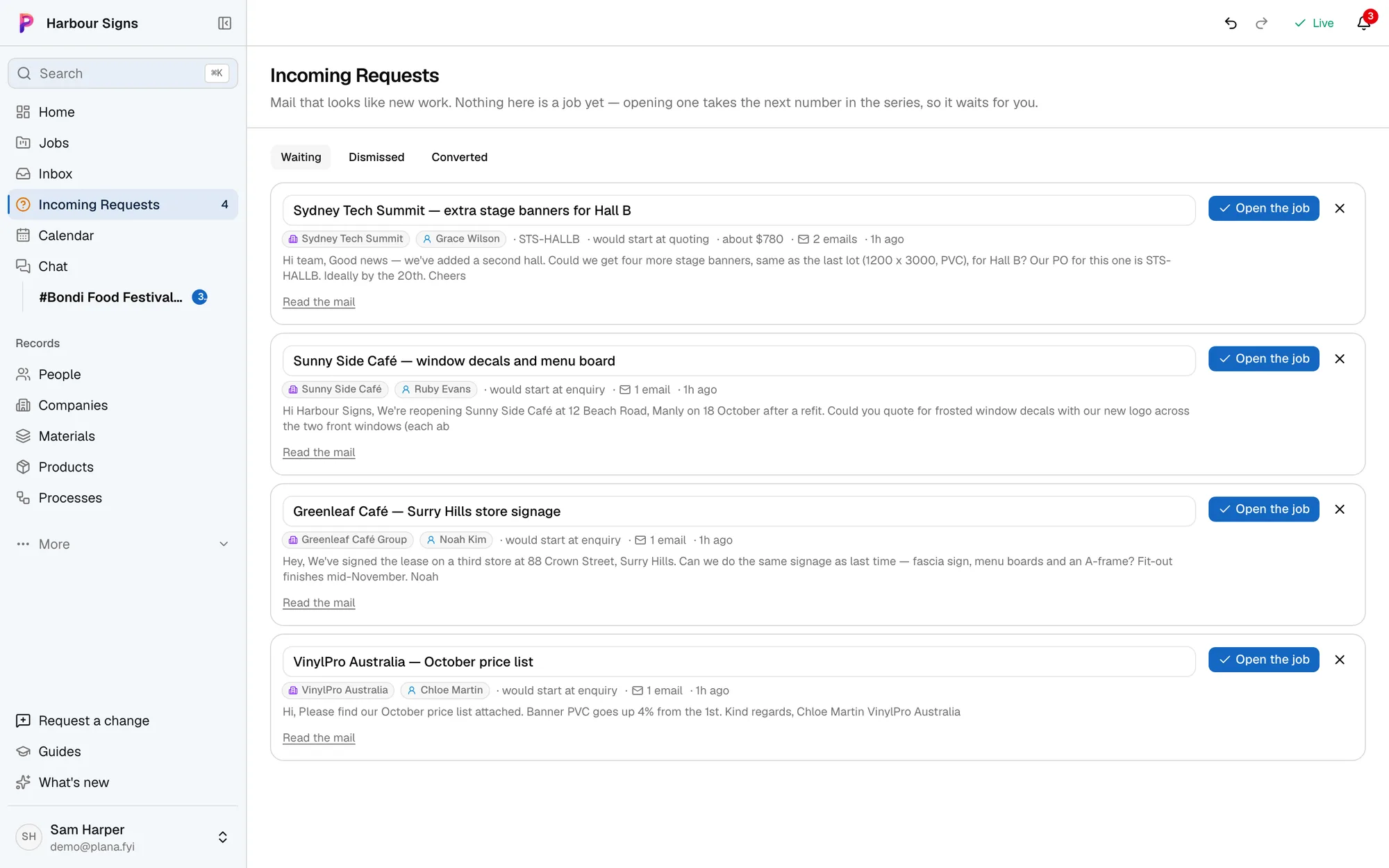 Incoming Requests in Plana: emails that look like new work, each one click from becoming a job